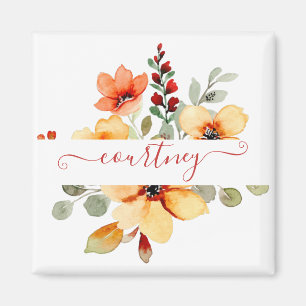 Helle orange Wasserfarbe floral personalisiert   Magnet