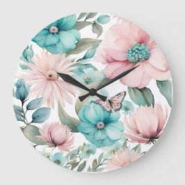 Helle Pastel Pink Blauer Blumen Florals von Ava Große Wanduhr