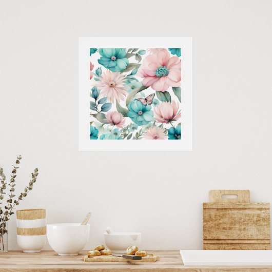 Helle Pastel Pink Blauer Blumen Florals von Ava Poster (Küche)