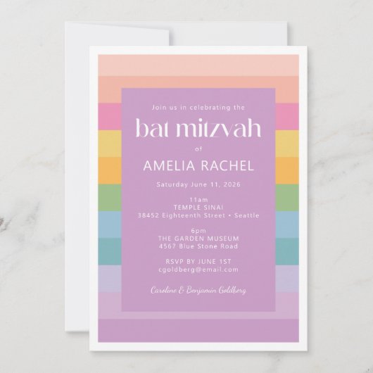 Helle Pastel Stripe Rainbow Lila Bat Mitzvah Einladung (Vorderseite)