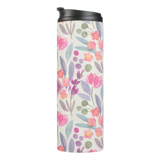 Helle Pastete Blumenmuster mit Monogramm Thermosbecher (Nach rechts gedreht)