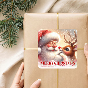 Helle personalisierte Weihnachtsmann-Rudolph-Weihn Quadratischer Aufkleber