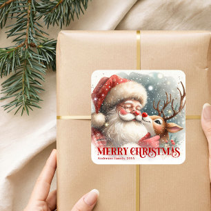 Helle personalisierte Weihnachtsmann- und Rudolph- Quadratischer Aufkleber