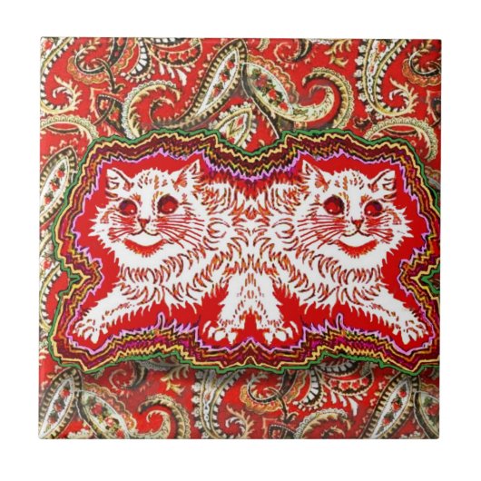 Helle Psychedelic Red Cats (von Louis Wain) Fliese (Vorderseite)