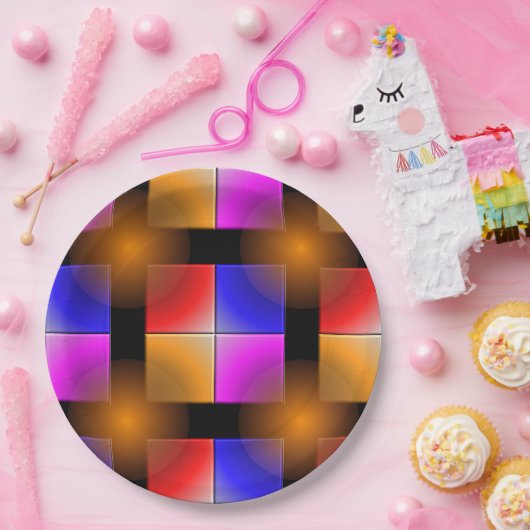 Helle Quadrate auf schwarzem Hintergrund Pappteller (Party)