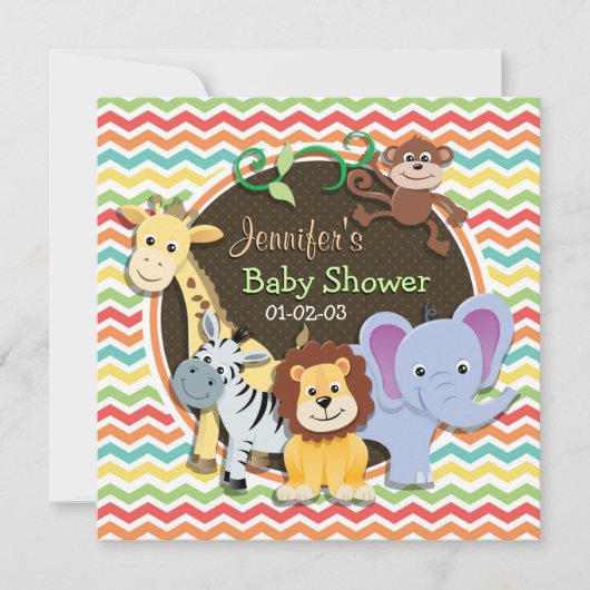 Helle Rainbow Zickzack Zoo Animals Baby Dusche Einladung (Vorderseite)