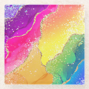 Helle Regenbogen- & Gold-Faux-Glitter-Achat Glasuntersetzer