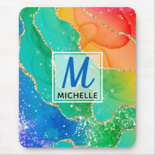 Helle Regenbogen- & Gold-Faux-Glitter-Agate-Monogr Mousepad