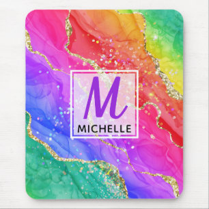 Helle Regenbogen- & Gold-Faux-Glitter-Agate-Monogr Mousepad