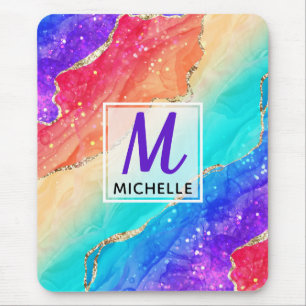 Helle Regenbogen- & Gold-Faux-Glitter-Agate-Monogr Mousepad