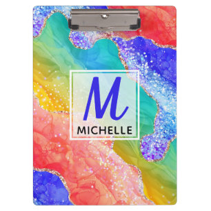 Helle Regenbogen- und Gold-Faux-Glitter-Agate-Mono Klemmbrett