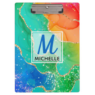 Helle Regenbogen- und Gold-Faux-Glitter-Agate-Mono Klemmbrett