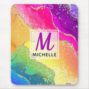 Helle Regenbogen- und Gold-Faux-Glitter-Agate-Mono Mousepad