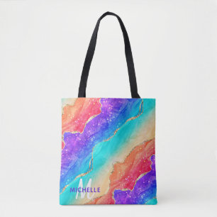 Helle Regenbogen- und Gold-Faux-Glitter-Agate-Mono Tasche