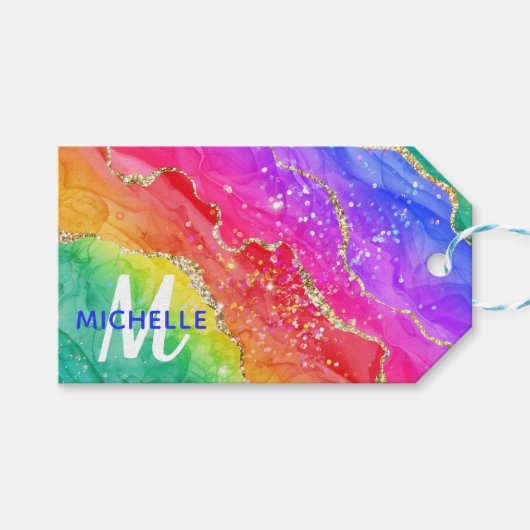 Helle Regenbogenfarben und goldene Imitat Glitzer Geschenkanhänger (Vorderseite (Horizontal))