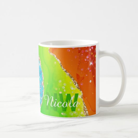 Helle Regenbogenfarben und goldene Imitat Glitzer Kaffeetasse (Rechts)