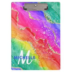 Helle Regenbogenfarben und goldene Imitat Glitzer  Klemmbrett