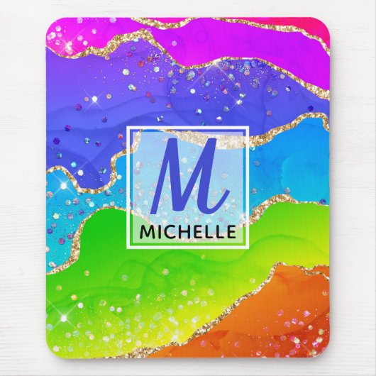 Helle Regenbogenfarben und goldene Imitat Glitzer Mousepad (Vorne)