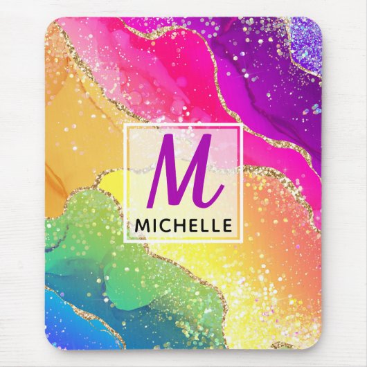 Helle Regenbogenfarben und goldene Imitat Glitzer Mousepad (Vorne)