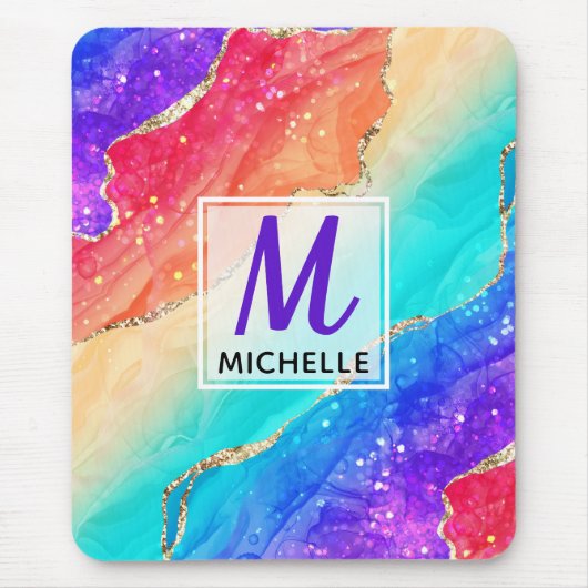 Helle Regenbogenfarben und goldene Imitat Glitzer Mousepad (Vorne)