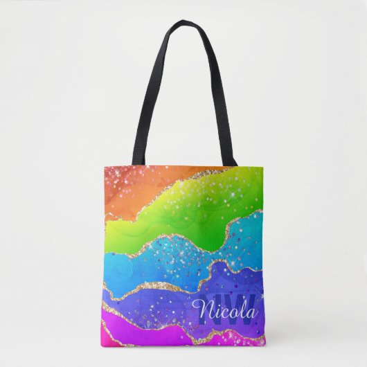 Helle Regenbogenfarben und goldene Imitat Glitzer Tasche (Vorderseite)