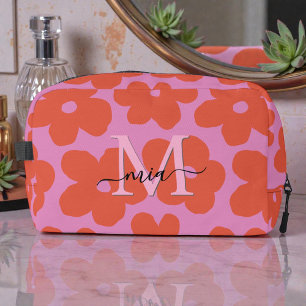 Helle Retro-Blumen Pink Orange Monogramm Waschbeutel