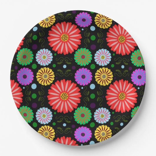 Helle Retro-Blumenmuster Farbige Volkskunst Pappteller (Vorderseite)