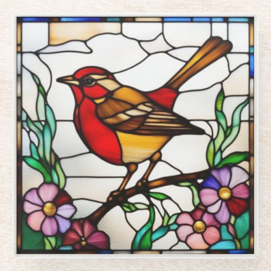 Helle Robin in Buntglas Glasuntersetzer (Vorderseite)
