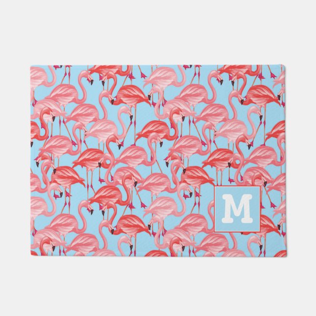 Helle rosa Flamingos auf Blau | addieren Ihre Fußmatte (Vorderseite)