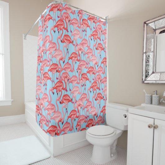 Helle rosa Flamingos auf Blau Duschvorhang (Beispiel)