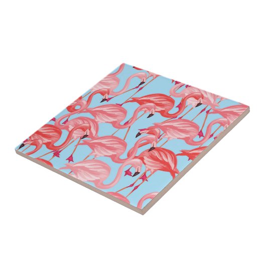 Helle rosa Flamingos auf Blau Fliese (Seite)
