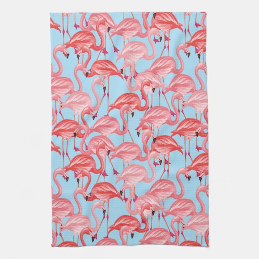 Helle rosa Flamingos auf Blau Geschirrtuch (Vertikal)