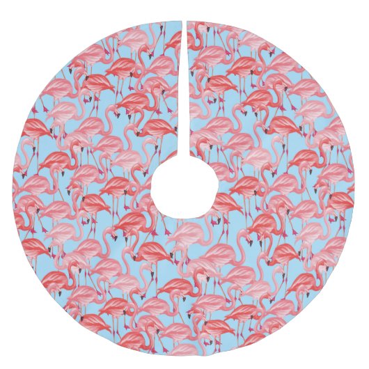 Helle rosa Flamingos auf Blau Polyester Weihnachtsbaumdecke (Vorderseite)