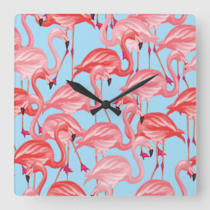Helle rosa Flamingos auf Blau Quadratische Wanduhr