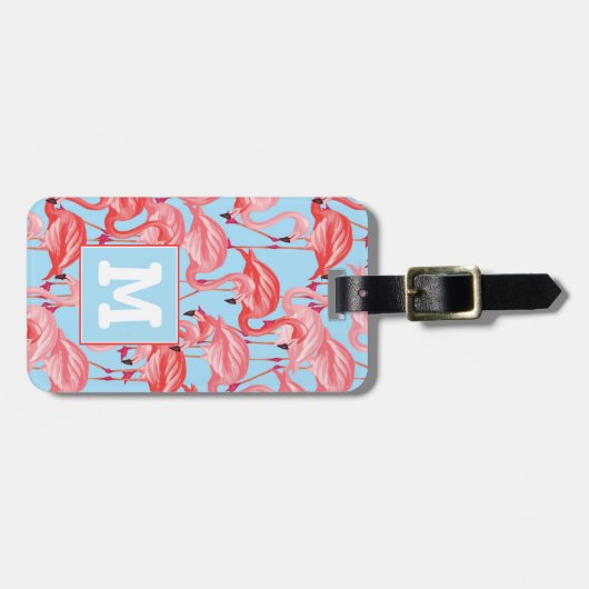 Helle rosa Flamingos auf Monogramm des Blau-| Gepäckanhänger (Vorderseite horizontal)