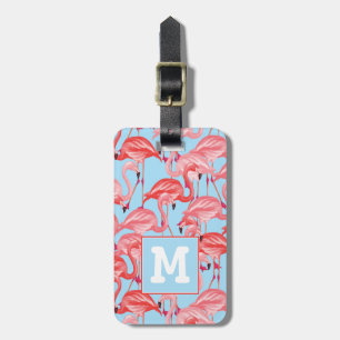 Helle rosa Flamingos auf Monogramm des Blau-  Gepäckanhänger