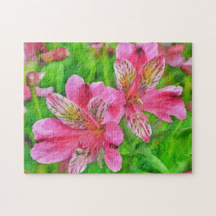 Helle rosa Lilienblumen Tropische Kunst Puzzle