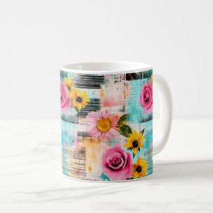 Helle rosa Rosen und Sonnenblumen auf abstraktem H Kaffeetasse