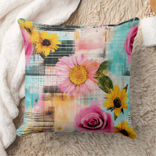 Helle rosa Rosen und Sonnenblumen auf abstraktem H Kissen