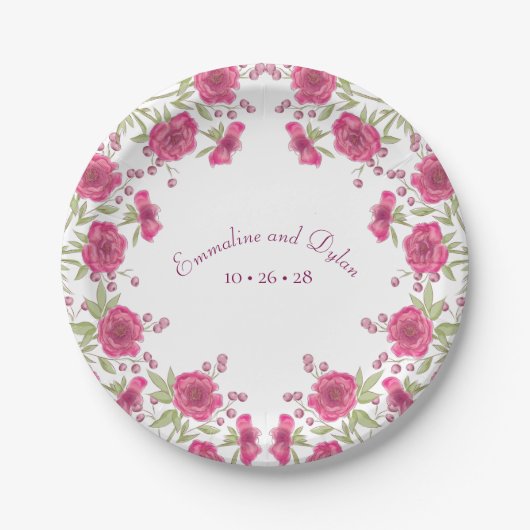 Helle Rosa Rosenhochzeit Pappteller (Vorderseite)