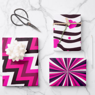 Helle rosa-schwarze Zickzack-Sternenexplosion Gesc Geschenkpapier Set