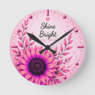 Helle rosa Sonnenblumen-Blumendekoration Runde Wanduhr