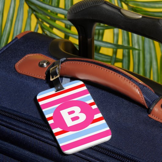 Helle rosa und blaue Candy-Streifen mit Monogramm Gepäckanhänger (Vorderseite Insitu 1)
