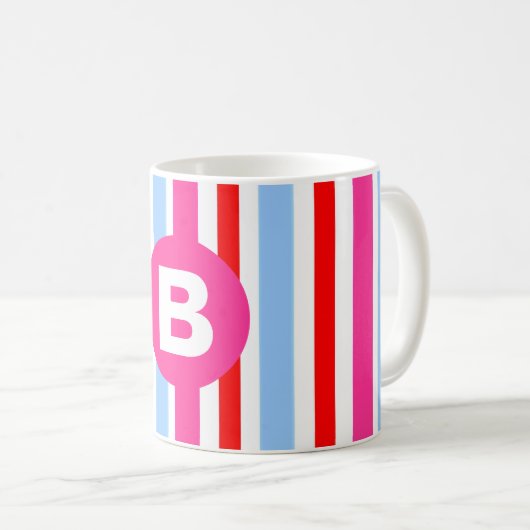 Helle rosa und blaue Candy-Streifen mit Monogramm Kaffeetasse (VorderseiteRechts)