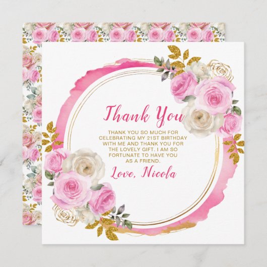 Helle Rosa und Gold Elegante Blume Geburtstag Dankeskarte (Vorne/Hinten)