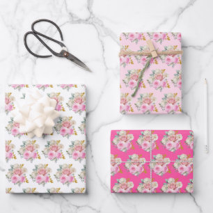 Helle rosa und goldene elegante Blumen Geschenkpapier Set