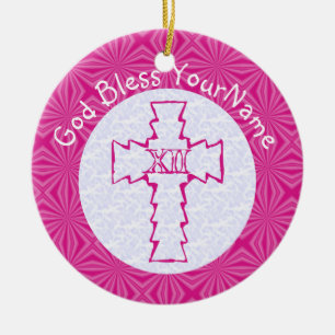 Helle rosa Zickzack-Kreuz auf Weiß und Hot Pink Keramik Ornament