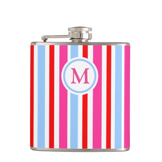 Helle rot-blaue Candy-Streifen mit Monogramm Flachmann (Vorderseite)