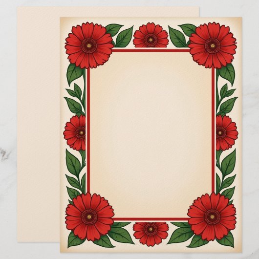 Helle rote Blumen & Rahmen Briefpapier (Vorne/Hinten)
