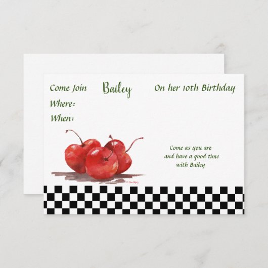 Helle rote Kirschen auf einem karierten Tablettenk Einladung (Vorne/Hinten)